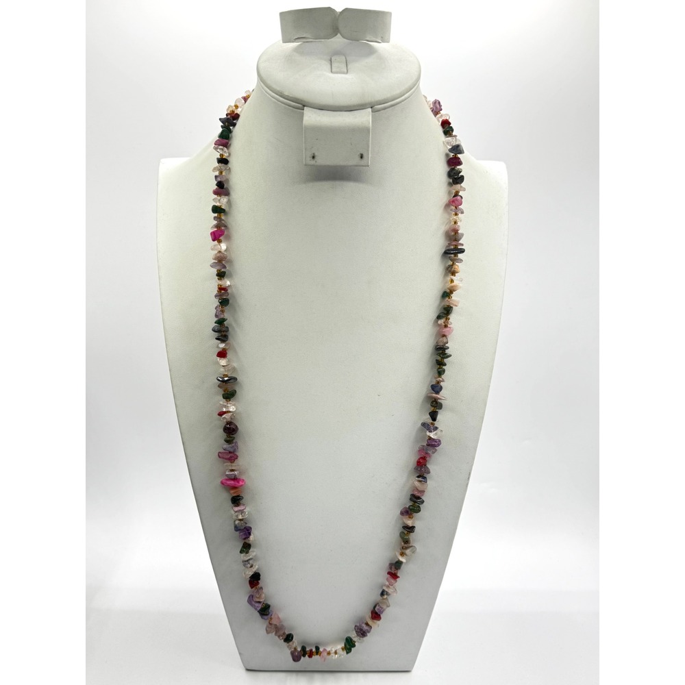 Multicolor Gemstone Chip Long Strand Necklace Boho Mixed Stone Bead 34 Inch